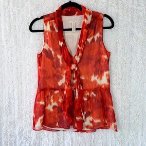 J CREW Sleeveless Silk Blouse Size 00 Tie Scarf Red Floating Rose Chiffon Peplum